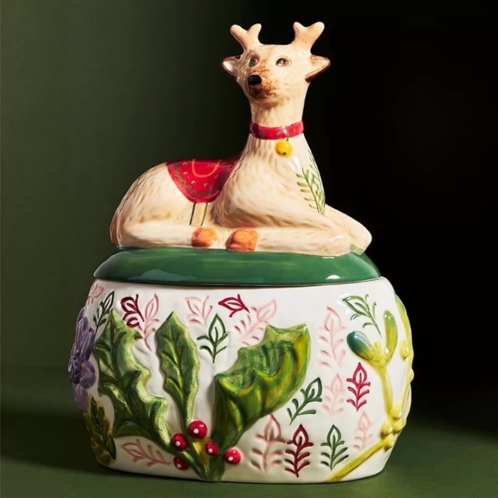 Anthropologie x Nathalie Lete Reindeer Cookie jar + extra Lid! - red, green, tan